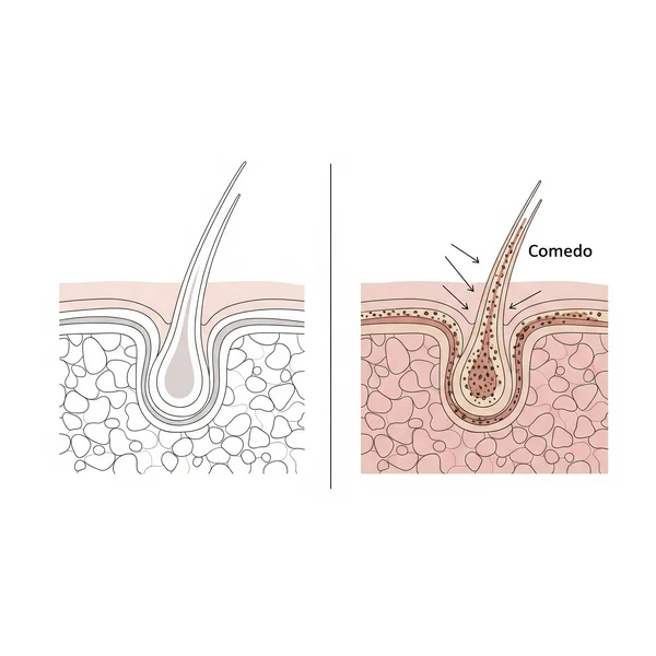 Illustration of a clogged pore (comedo) vs. a healthy one.