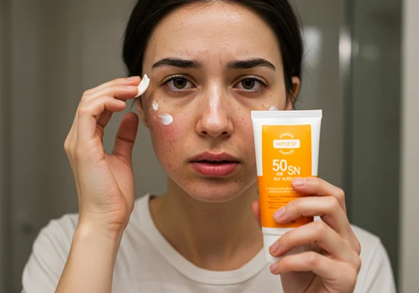 Orang yang kecewa dengan pelindung matahari menyebabkan jerawat di muka.