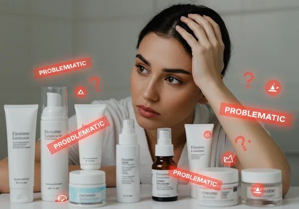 Personne regardant confuse des produits de soins de la peau, ingrédients problématiques