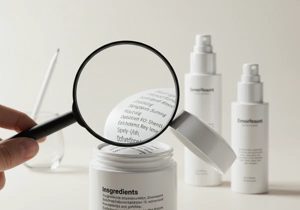 Loupe examinant les ingrédients d’un produit de soin de la peau