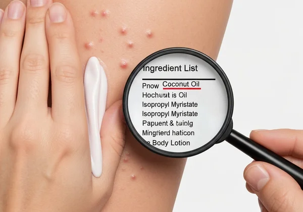 Kaca pembesar mendedahkan bahan penyumbat liang dalam losyen