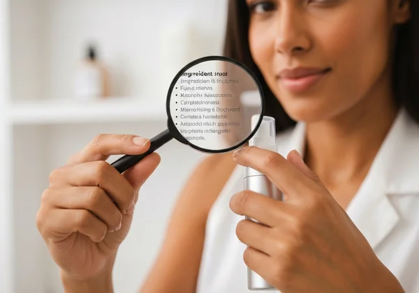 Seseorang dengan yakin menganalisis label produk penjagaan kulit.