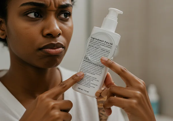 Seseorang yang kecewa dengan jerawat, memeriksa senarai ramuan