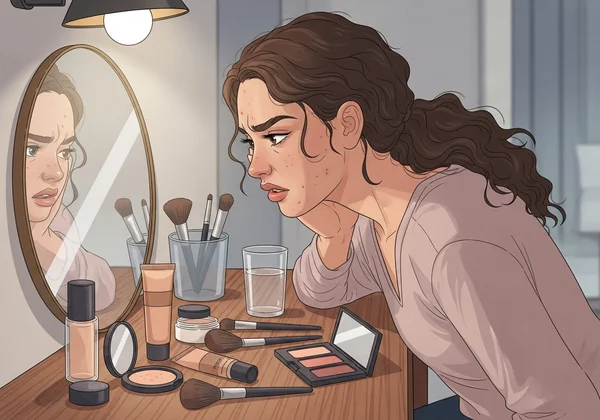 Frau, die frustriert über Unreinheiten durch Makeup ist