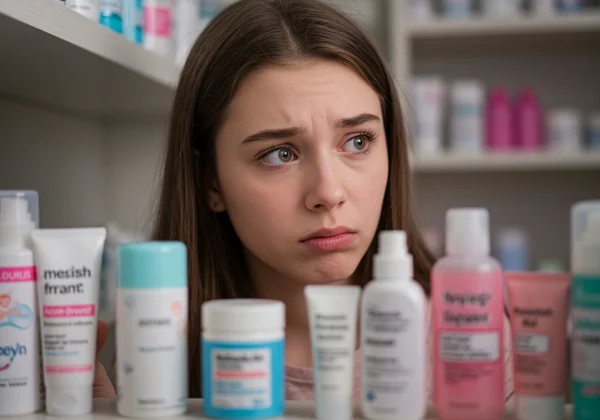 Remaja kelihatan kecewa dengan produk penjagaan kulit yang mengelirukan.