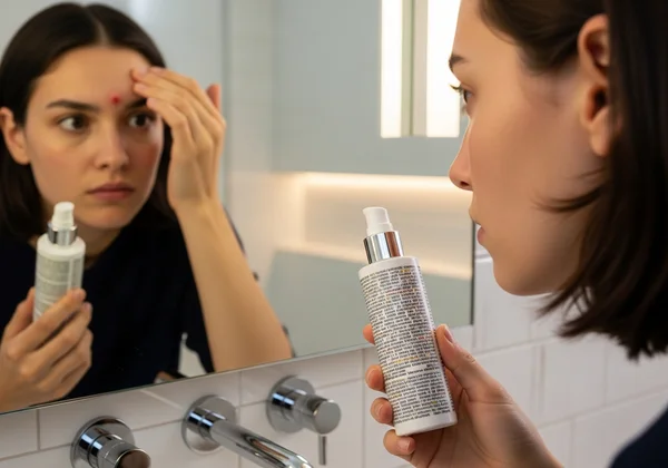 因痤疮感到沮丧、检查护肤标签的人