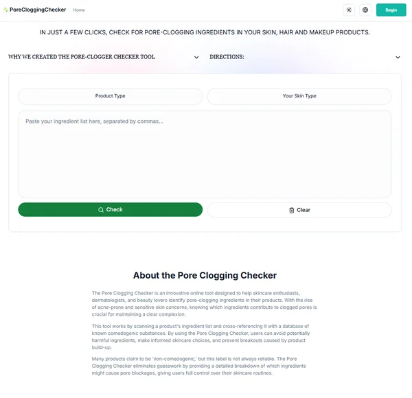 Screenshot of the Pore Clogging Ingredient Checker tool.