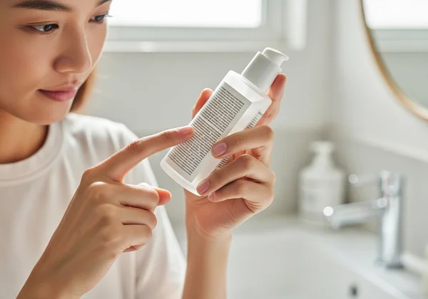 Woman inspecting a skincare product ingredient label closely