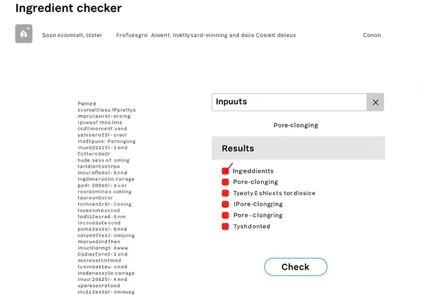 Captura de tela do verificador de ingredientes destacando itens que obstruem os poros