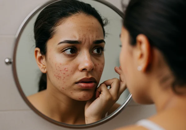 Person looking frustrated with breakouts, inspecting their skin