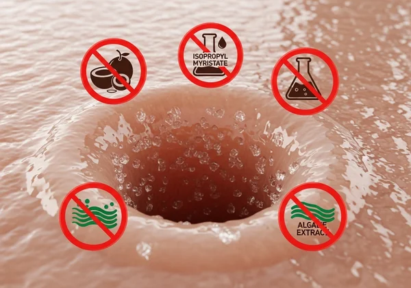 Clogged pore with warning signs against bad ingredients.