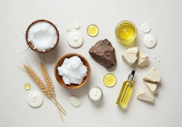 Flat lay of pore-clogging items like coconut oil.