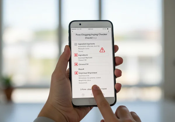 Using a pore clogging ingredient checker on a phone.