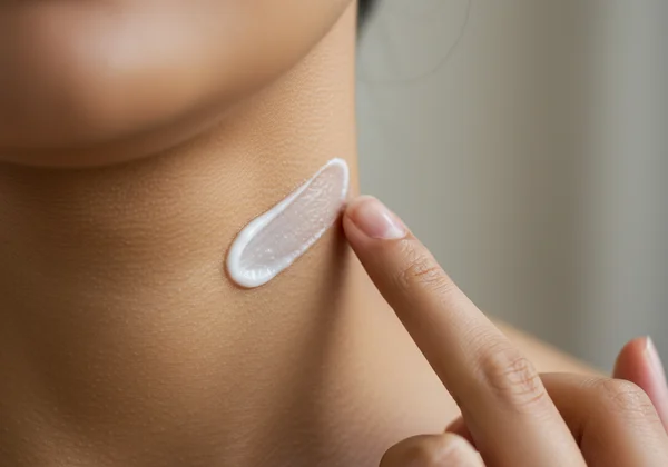 Person applying a skincare product to their jawline for a patch test.