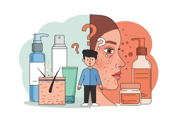 Person looking confused at skincare products, with question marks