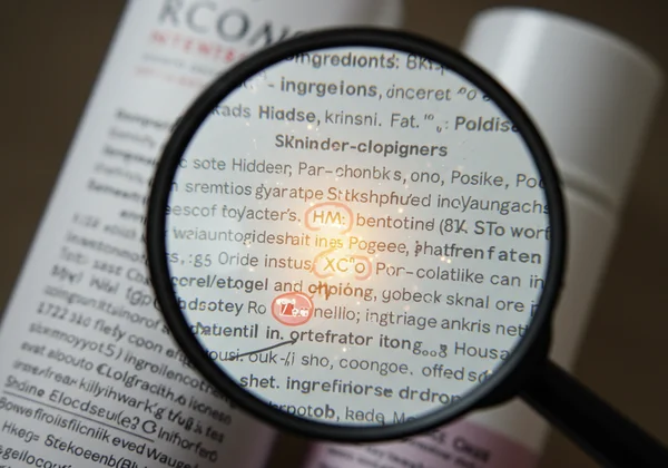 Magnifying glass revealing hidden pore-clogging ingredients.