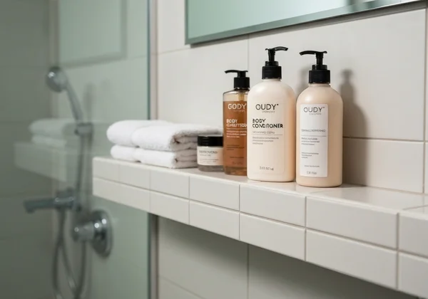 Shower products, hair care, and body lotion bottles