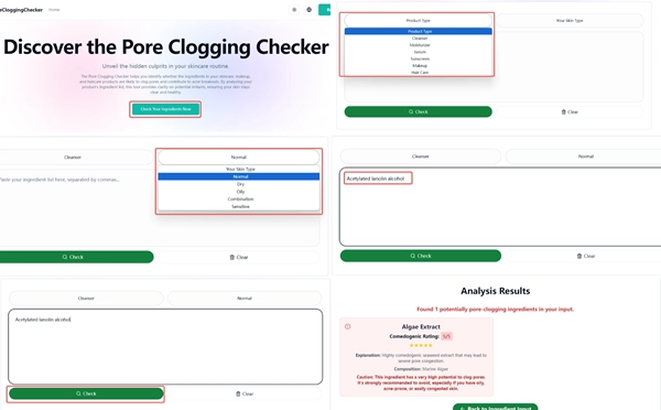 Step-by-step guide on using the Pore Clogging Checker for ingredient analysis.